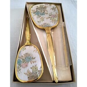 Vtg. Vanity Dresser Set 3 Piece Gold Tone Brush, Mirror, Comb Victorian Style